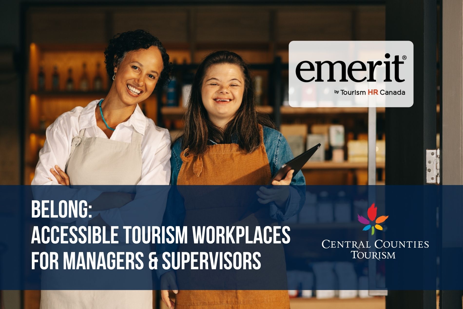 A middle aged women is standing beside a younger women with down syndrome, both are wearing aprons.